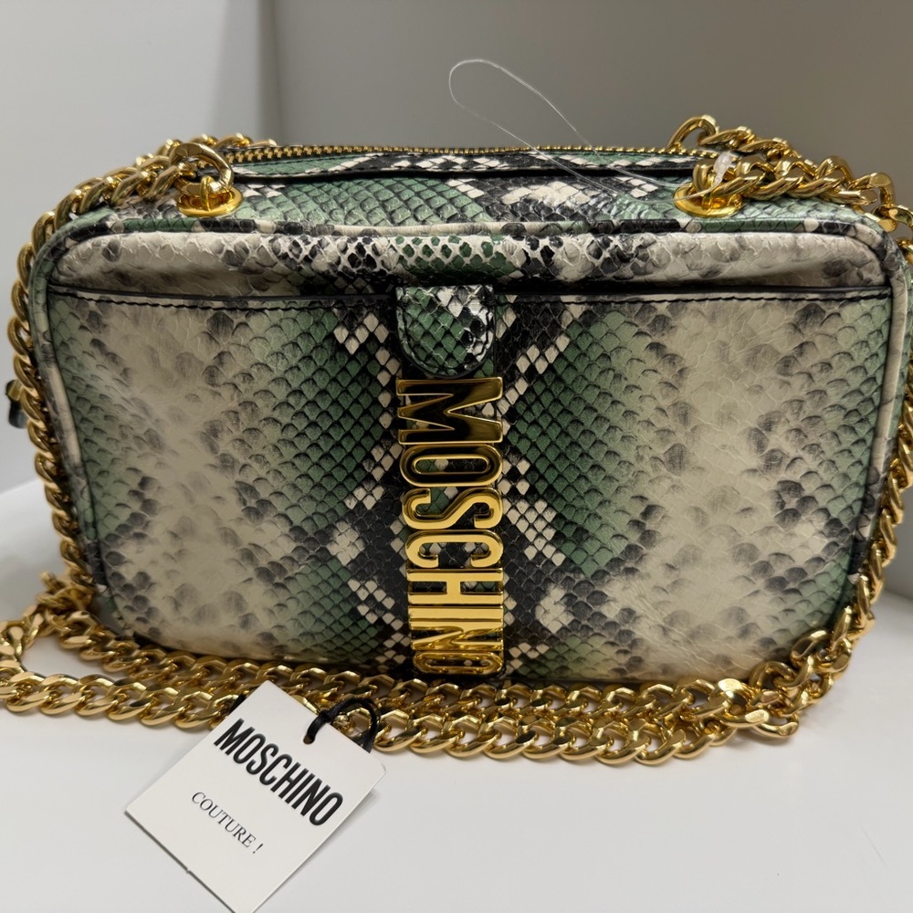 NWT- Moschino Snakeskin Leather Print Chain Bag - Green and Gold